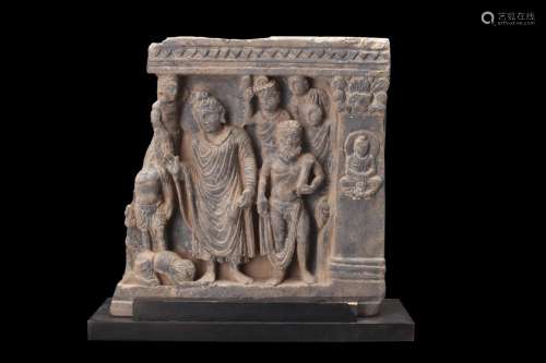 GANDHARAN SCHIST PANEL WITH BUDDHA AND HIS WORSHIPPERS
