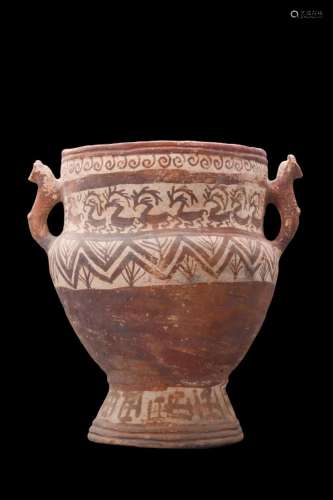 ANCIENT PERSIAN TERRACOTTA VESSEL WITH RAM HANDLES - TL TEST...
