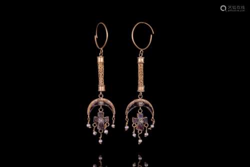 BYZANTINE MATCHING PAIR OF GOLD EARRINGS WITH CROSS GARNETS ...
