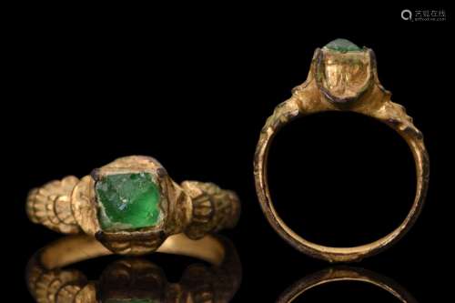 LATE MEDIEVAL GILT BRONZE RING WITH GEM