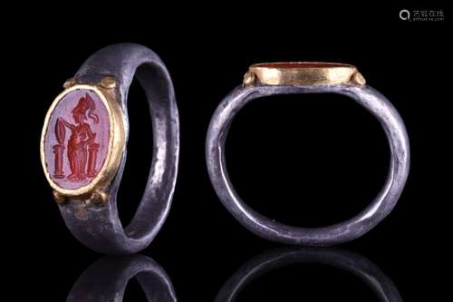 ROMAN MINERVA INTAGLIO IN A GILDED SILVER RING