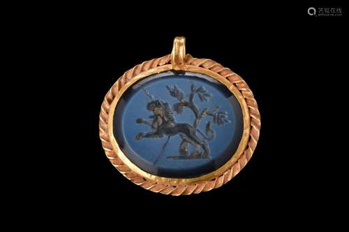 ROMAN NICOLO INTAGLIO WITH LION IN GOLD PENDANT