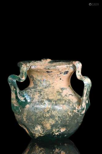 LATE ROMAN GLASS THREE-HANDLED JAR