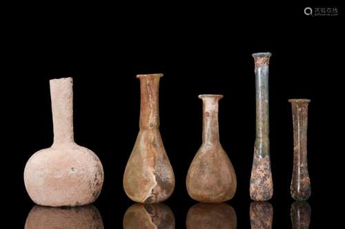 COLLECTION OF FIVE ROMAN GLASS BOTTLES