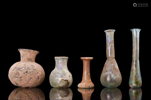 COLLECTION OF FIVE ROMAN GLASS BOTTLES