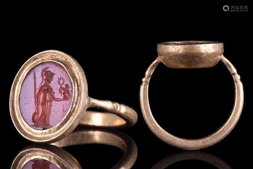 ROMAN GOLD RING WITH CARNELIAN INTAGLIO WITH ATHENA PARTHENO...