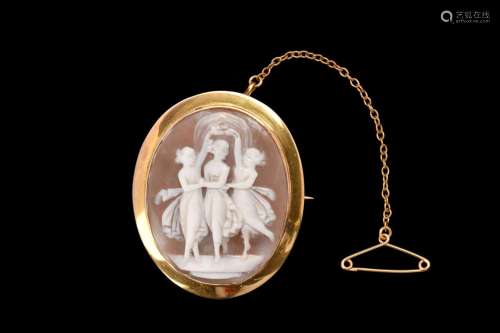 NEOCLASSICAL GOLD BROOCH WITH THREE GRACES CAMEO