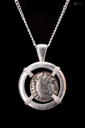 ALEXANDER III SILVER DRACHM IN SILVER PENDANT