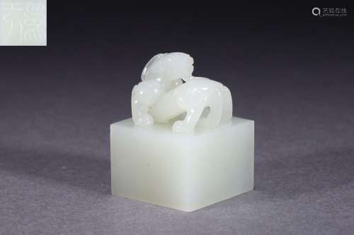 A Carved White Jade Chilong Seal