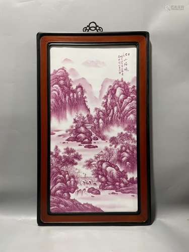 旧藏红木镶瓷板画胭脂红山水江南胜境挂屏