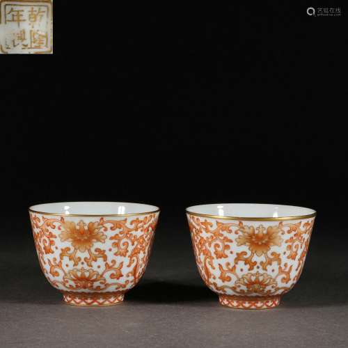 A Pair of Cups with Famille Rose and Gold Intertwined Lotus ...