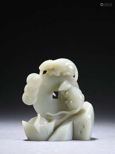 A Hetian Jade green white mouse and coin ornament