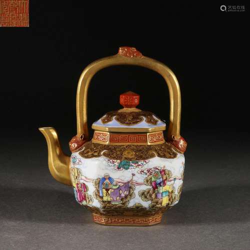 Fancai Drawing Golden Eighteen Luohan Beam Teapot