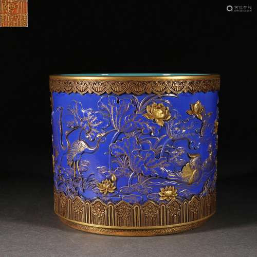 Sacrificial Blue-glazed Gold Pen holder carved lotus pond pa...