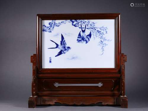 A Wang Bu Blue and White Table Screen with Birds Spreading T...