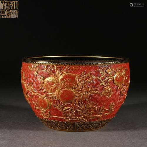 An Imitation Lacquer Ware Small Cylinder Carved and Painted ...