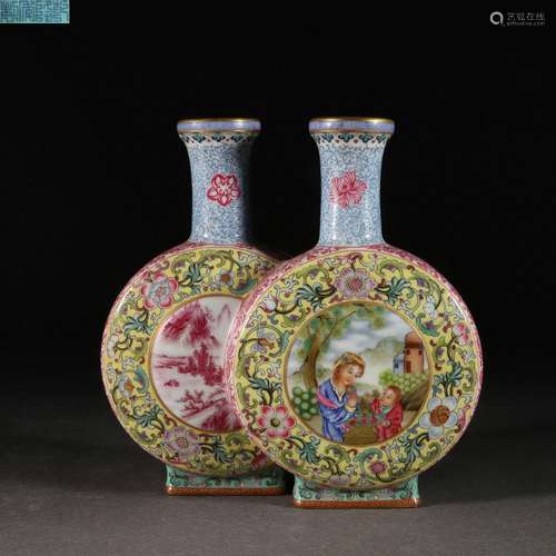 A Pair of Famille Rose Window Figure Twin Bottles