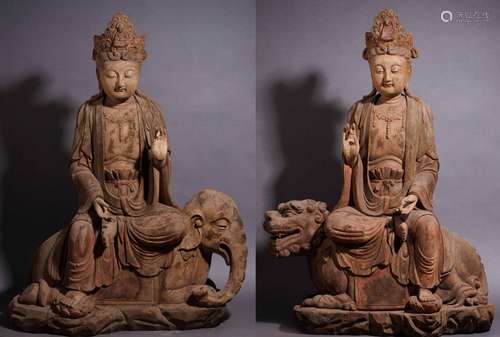 A Wooden Manjushri Samantabhadra Statue