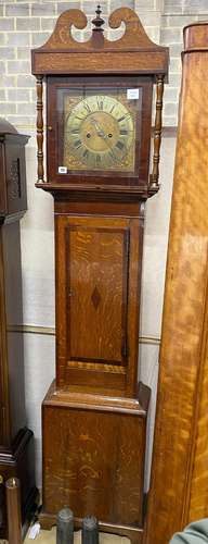 A late 18th century country oak and mahogany crossbanded lon...