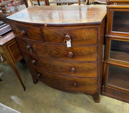 A Regency rosewood banded mahogany bowfront chest, width 108...