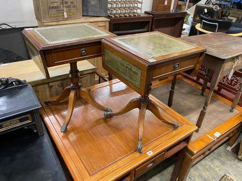 A pair of reproduction mahogany drop flap occasional tables,...