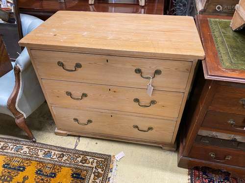 A small Victorian pine three drawer chest, width 91cm, depth...