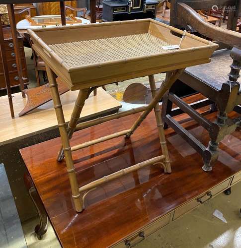 A faux bamboo caned butlers tray on folding stand, width 60c...