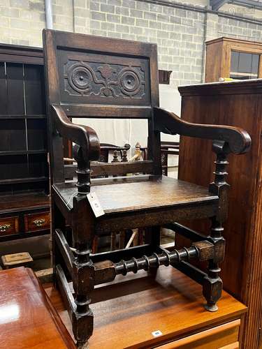 A Victorian Jacobean Revival oak Wainscot chair, width 55cm,...