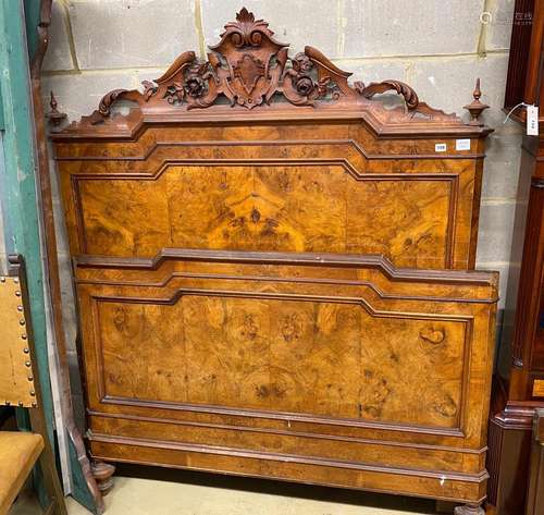 A 19th century French walnut double bed frame, width 150cm, ...