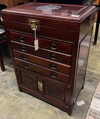 A Chinese carved hardwood canteen cabinet, width 56cm, depth...