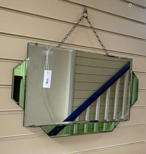 An Art Deco style green and clear glass wall mirror, width 6...