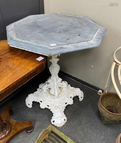 A Victorian octagonal cast iron slate top table, width 70cm,...