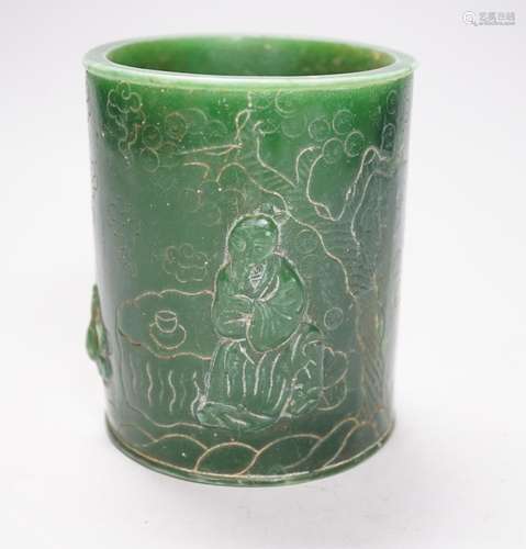 A Chinese incised green glass cylindrical brushpot, 11cm