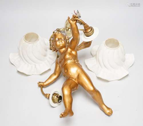 A gilt spelter cherub ceiling light, 30cm