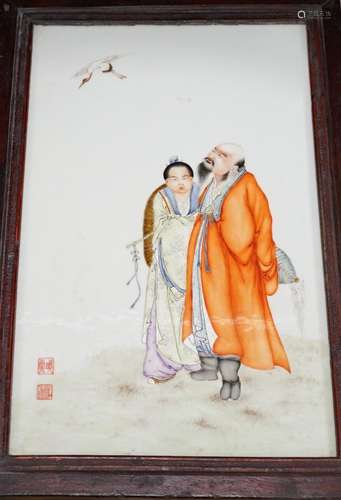 A Chinese framed famille rose plaque of 2 scholars, 47 x 32c...