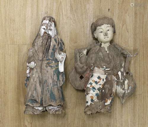 Two Chinese carved wood polychrome figures, largest 52cm