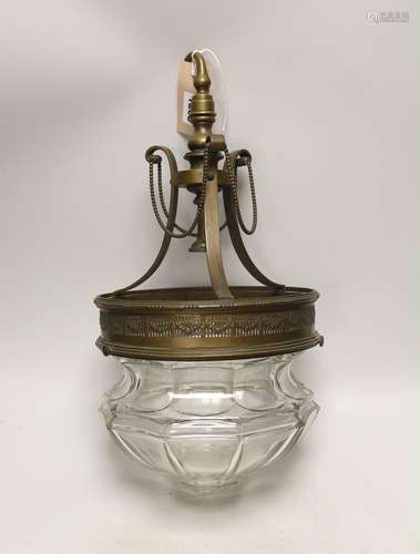 A brass mounted glass hanging lantern, 42cm