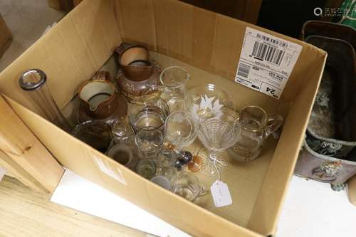 Two stoneware harvest jugs and assorted glassware