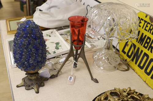 A cut glass lamp, a Murano lamp and another. Tallest 35cm