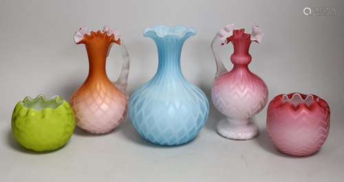 Five satin glass vases and ewers. Tallest 19cm