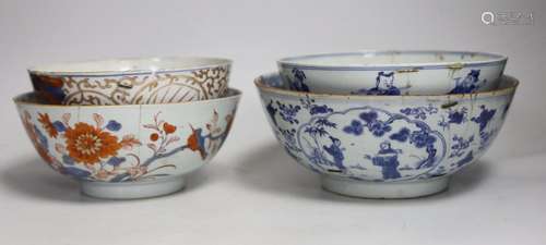 Four 18th century Chinese bowls, one painted in underglaze b...