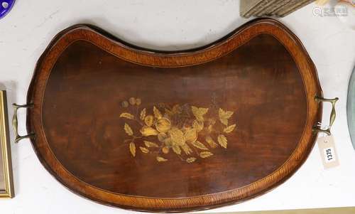 An Edwardian kidney shape mahogany and marquetry tray. 65cm ...