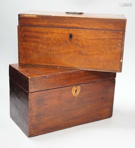 A late George III satinwood inlaid tea caddy and a later sim...