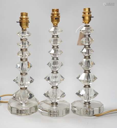 A set of three Art Deco cut glass table lamps 37cm total hei...