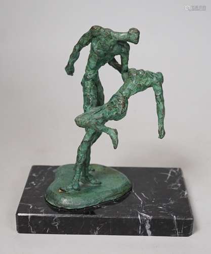 A bronze verdigris figure group of dancers, on marble plinth...