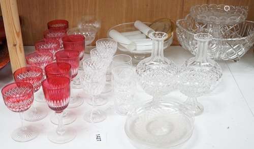 A set of cranberry flashed cut glass wine glasses, four othe...