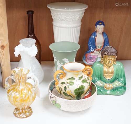 Three glass vases and an engraved bottle, two ceramic budai,...