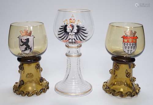 A set of six German enamelled green hock glasses, another la...