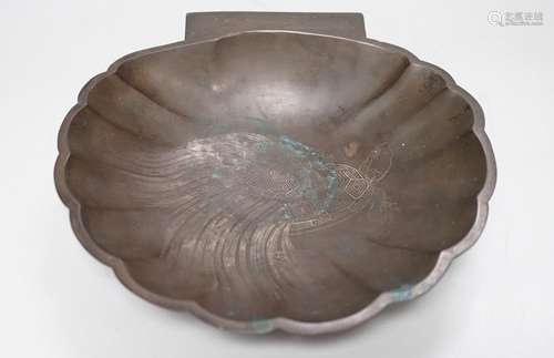 A Japanese silver wire inlaid bronze shell shaped dish, Meij...