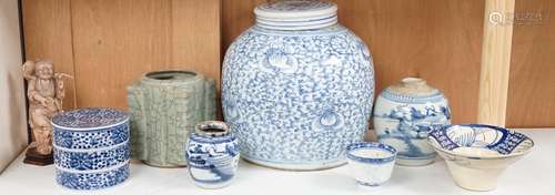 A group of 19th century blue and white jars, a stacking food...